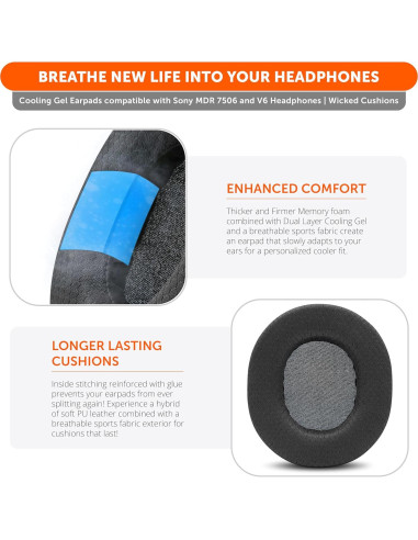 Almohadillas de Gel Refrigerante Wicked Cushions para Sony MDR-7506, MDR-CD900ST y MDR-V6 - Negro
