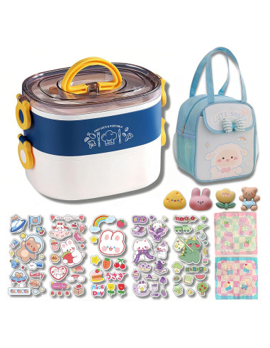 Caja Bento Kawaii 1.2L Paidideng con Utensilios y Bolsa Azul