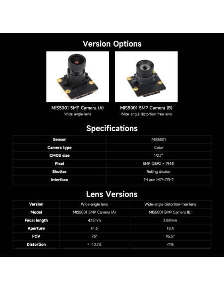 Módulo de cámara gran angular Waveshare MIS5001 5MP, alta sensibilidad Módulo de cámara gran angular Waveshare MIS5001 5MP, alta sensibilidad