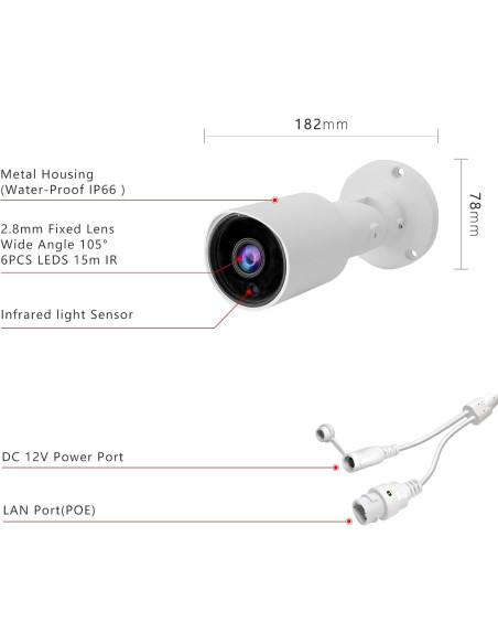 Cámara IP Bullet PoE 5MP Tennoz con Visión Nocturna 24.38m Cámara IP Bullet PoE 5MP Tennoz con Visión Nocturna 24.38m