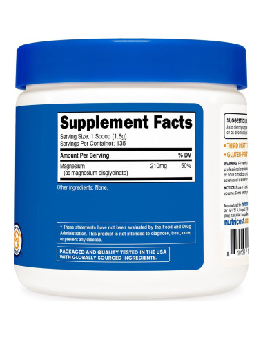 Polvo de Glicinato de Magnesio Nutricost 250g Sin Sabor