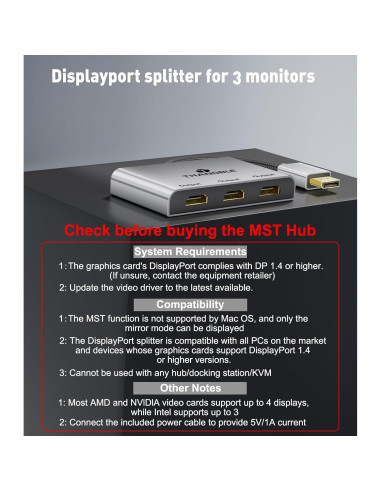 Divisor DisplayPort a 3 HDMI THANDBLE 4K@60Hz MST Hub