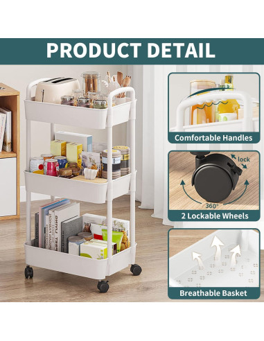 Carro Rodante de 3 Niveles EZ COZY Blanco, Organizador Multifuncional