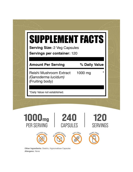 Cápsulas de Hongo Reishi BulkSupplements 1000mg - 240 Veganas Cápsulas de Hongo Reishi BulkSupplements 1000mg - 240 Veganas