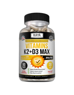 Vitaminas K2 + D3 Kaya Naturals 180 Cápsulas Fáciles de Tragar
