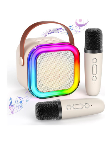 Mini Máquina de Karaoke Bluetooth K12 Beige con 2 Micrófonos