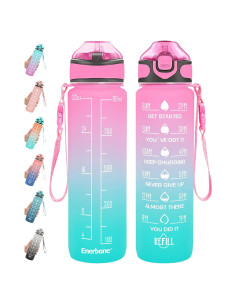 Botella de Agua Enerbone 0.91L Rosa-Verde con Pajilla y Horarios