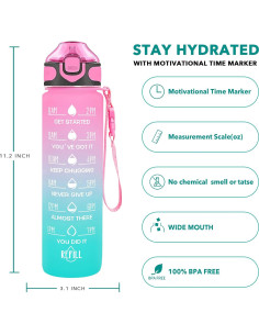 Botella de Agua Enerbone 0.91L Rosa-Verde con Pajilla y Horarios 2