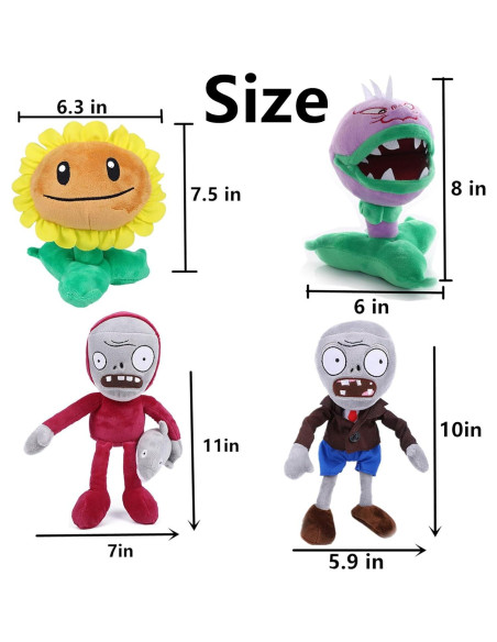 JHESAO 4 Peluches Plantas y Zombies - Girasol, Chomper, Zombies JHESAO 4 Peluches Plantas y Zombies - Girasol, Chomper, Zombies
