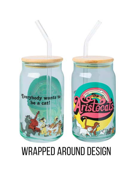 Vaso de cristal Silver Buffalo Los Aristogatos 473ml con tapa y popote Vaso de cristal Silver Buffalo Los Aristogatos 473ml con tapa y popote