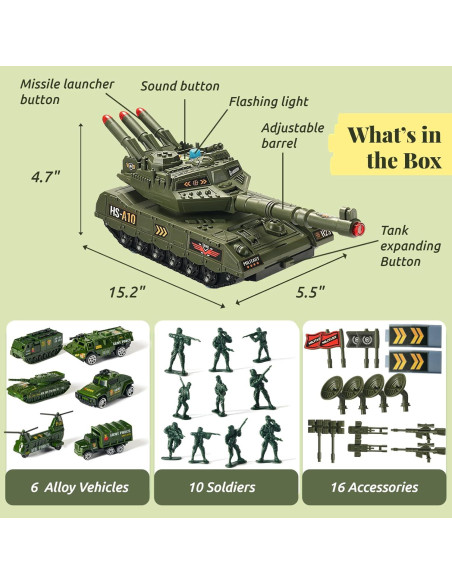 Juego de Tanque Militar Homaisson con Luz y Sonido - 10 Piezas Juego de Tanque Militar Homaisson con Luz y Sonido - 10 Piezas