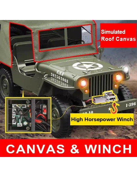 Camión Militar RC 1:10 4WD Jeep Willys con Winch y 2 Baterías Camión Militar RC 1:10 4WD Jeep Willys con Winch y 2 Baterías