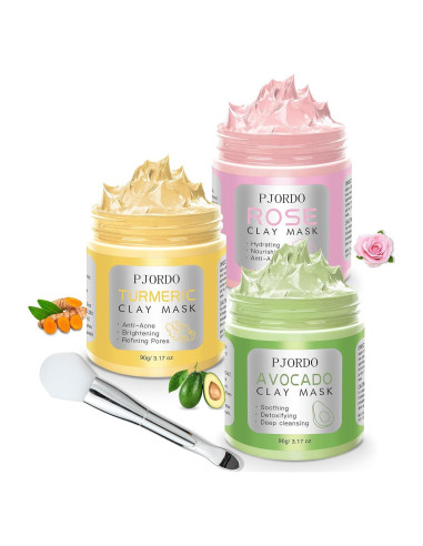 Set de 3 Mascarillas de Arcilla Pjordo - Cúrcuma, Aguacate, Rosa - 240 g
