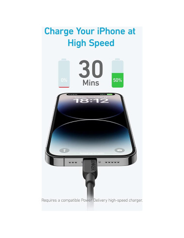 Cable USB C a Lightning Anker 0.91 m Negro MFi Carga Rápida
