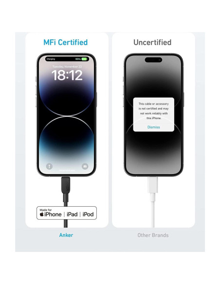 Cable USB C a Lightning Anker 0.91 m Negro MFi Carga Rápida Cable USB C a Lightning Anker 0.91 m Negro MFi Carga Rápida