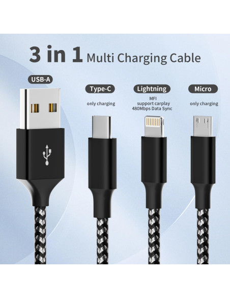 Cable de Carga Múltiple 3 en 1 Firsting 1.22m Negro y Gris Cable de Carga Múltiple 3 en 1 Firsting 1.22m Negro y Gris