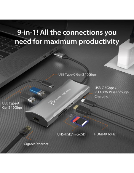 Estación de Acoplamiento USB-C j5create JCD393 9-en-1 4K 60Hz Estación de Acoplamiento USB-C j5create JCD393 9-en-1 4K 60Hz