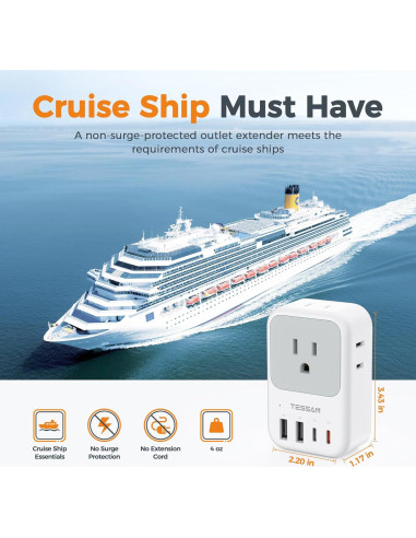 Cargador USB TESSAN 20W con 4 Salidas AC y 4 USB Plegable