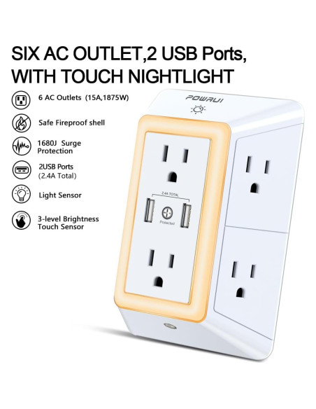Cargador de pared USB POWRUI AHR-508 con 6 salidas y luz nocturna Cargador de pared USB POWRUI AHR-508 con 6 salidas y luz nocturna