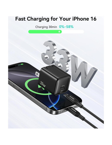 Cargador de pared USB C 33W HUNAN con 2 puertos y GaN