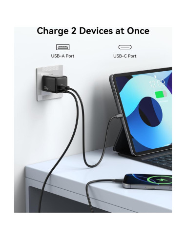 Cargador de pared USB C 33W HUNAN con 2 puertos y GaN