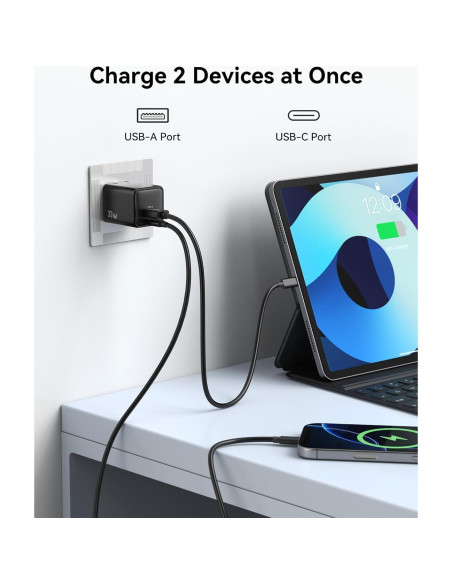 Cargador de pared USB C 33W HUNAN con 2 puertos y GaN Cargador de pared USB C 33W HUNAN con 2 puertos y GaN