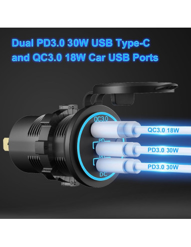 Cargador USB de 3 Puertos Hapytrip 12V Carga Rápida QC 3.0