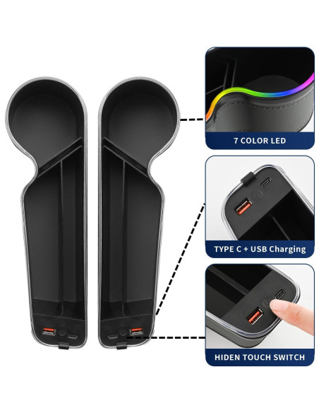 Organizador de espacio entre asientos de coche Keketuohai con cargador rápido USB-C y luces LED Organizador de espacio entre asientos de coche Keketuohai con cargador rápido USB-C y luces LED