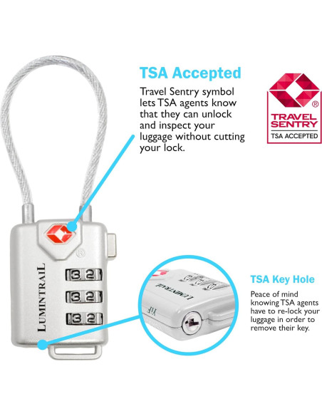 Candado TSA Lumintrail Plata 3 Dígitos con Cable 1.22m Candado TSA Lumintrail Plata 3 Dígitos con Cable 1.22m