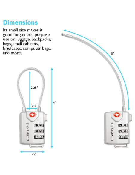 Candado TSA Lumintrail Plata 3 Dígitos con Cable 1.22m Candado TSA Lumintrail Plata 3 Dígitos con Cable 1.22m