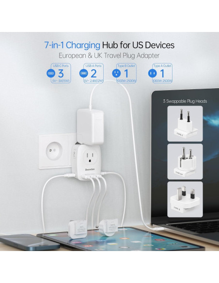 Adaptador de Viaje Universal Beondon con 3 Enchufes y 5 USB Adaptador de Viaje Universal Beondon con 3 Enchufes y 5 USB