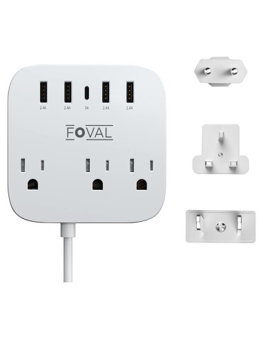 Adaptador de Enchufe de Viaje FOVAL 8 en 1 con USB y 3 Salidas AC