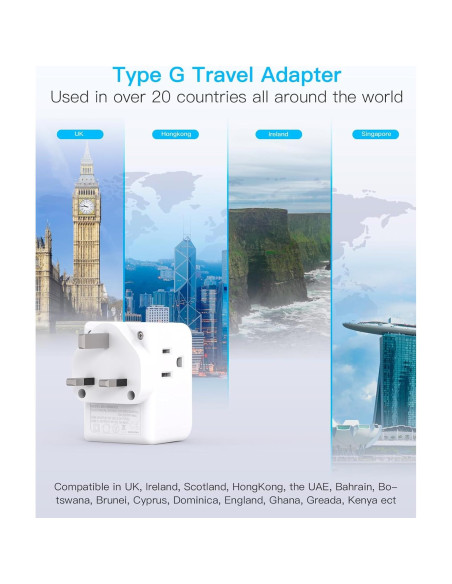 Adaptador de Enchufe de Viaje Tipo G One Beat 3 Salidas USB Adaptador de Enchufe de Viaje Tipo G One Beat 3 Salidas USB