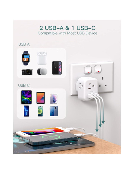 Adaptador de Enchufe Tipo G Addtam 6 en 1 con 3 USB Adaptador de Enchufe Tipo G Addtam 6 en 1 con 3 USB