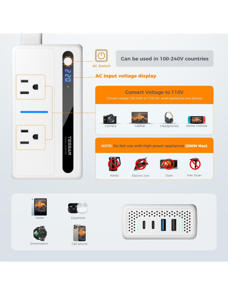 Convertidor de Voltaje 220V a 110V TESSAN con 4 USB Convertidor de Voltaje 220V a 110V TESSAN con 4 USB