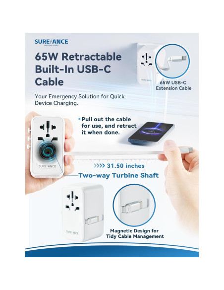 Adaptador de Viaje Universal Sureance 70W con USB-C 65W Adaptador de Viaje Universal Sureance 70W con USB-C 65W