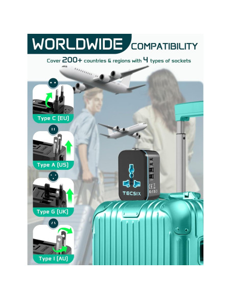 Adaptador de Viaje Universal TECSIX 5 en 1 con 2 USB-C y 2 USB-A Adaptador de Viaje Universal TECSIX 5 en 1 con 2 USB-C y 2 USB-A