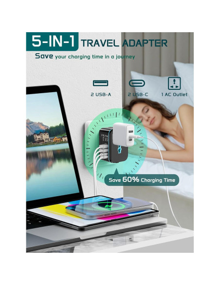 Adaptador de Viaje Universal TECSIX 5 en 1 con 2 USB-C y 2 USB-A Adaptador de Viaje Universal TECSIX 5 en 1 con 2 USB-C y 2 USB-A