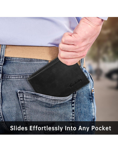 Billetera Bifold de Cuero Genuino Travelambo RFID Negra