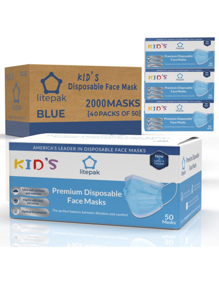 2000 Mascarillas Desechables para Niños Litepak 3 Capas Azul 2000 Mascarillas Desechables para Niños Litepak 3 Capas Azul