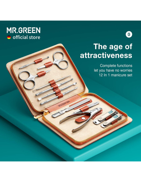 Juego de Manicura 12 en 1 MR.GREEN con Estuche de Cuero Juego de Manicura 12 en 1 MR.GREEN con Estuche de Cuero