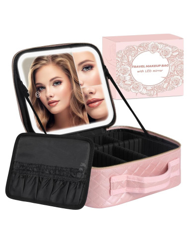 Bolsa de Maquillaje Grande MAYFIY Rosa con Espejo LED Ajustable