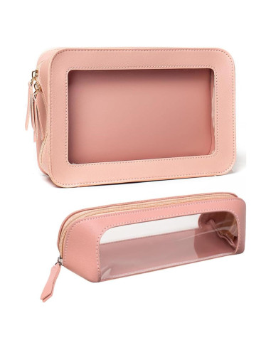 Paquete de 2 Bolsas de Maquillaje Transparentes Rosa - Organizador de Cosméticos