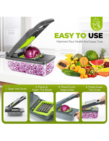 Cortador de Verduras PUPTILY 3 en 1 con 8 Cuchillas - Verde Gris