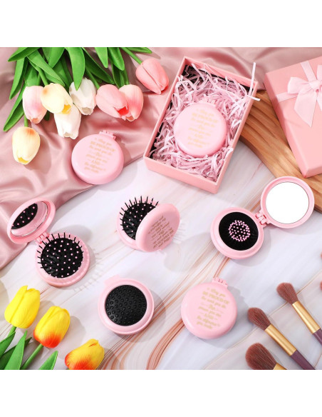 Set de 12 Cepillos de Pelo Plegables Leinuosen con Espejo Rosa Set de 12 Cepillos de Pelo Plegables Leinuosen con Espejo Rosa