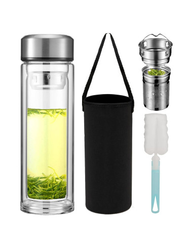 Botella de Té Pauzema 34oz Vidrio Doble Pared con Infusor
