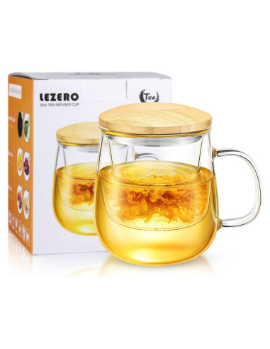 Taza de Té de Vidrio Lezero con Infusor y Tapa - 425g
