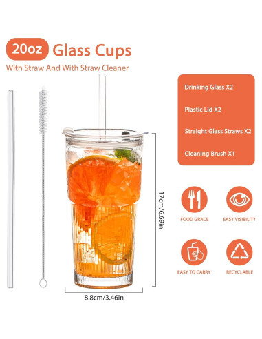 Vasos de vidrio 591ml SoulTimes con tapas y popotes - Set de 2