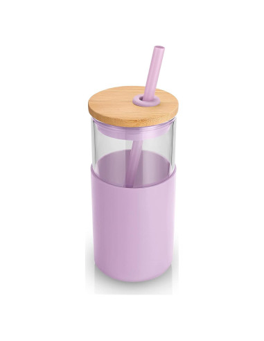 Vaso de Vidrio 16oz Tronco con Tapa y Popote de Bambú - Libre de BPA