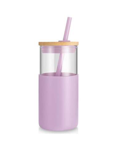 Vaso de Vidrio 16oz Tronco con Tapa y Popote de Bambú - Libre de BPA